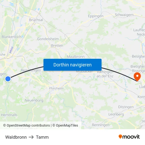 Waldbronn to Tamm map