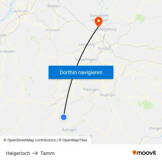 Haigerloch to Tamm map