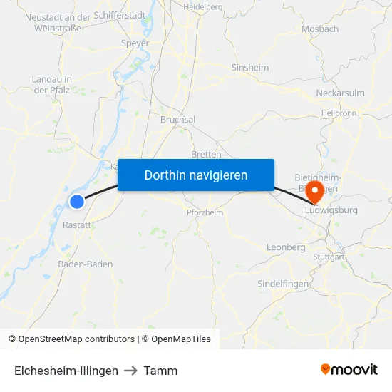 Elchesheim-Illingen to Tamm map