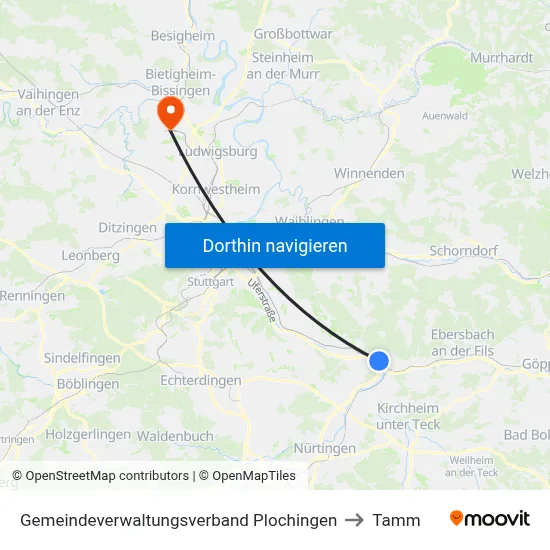 Gemeindeverwaltungsverband Plochingen to Tamm map