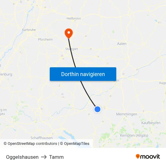 Oggelshausen to Tamm map