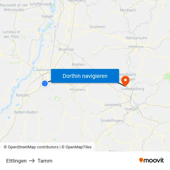 Ettlingen to Tamm map