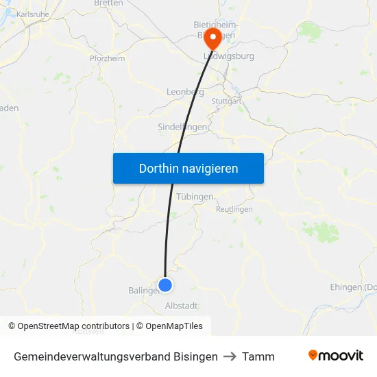 Gemeindeverwaltungsverband Bisingen to Tamm map