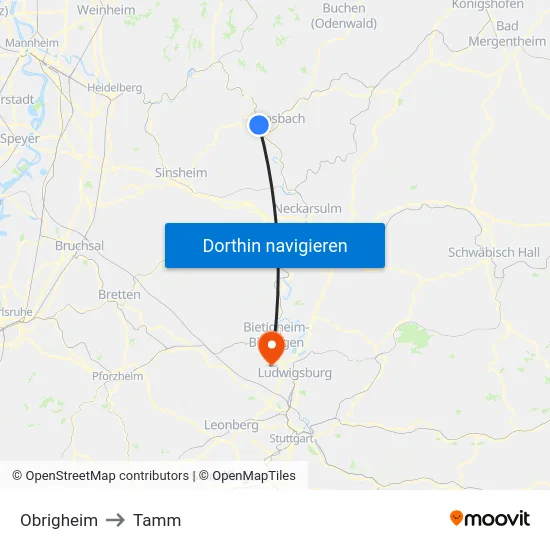 Obrigheim to Tamm map