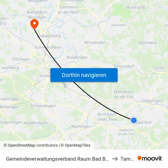 Gemeindeverwaltungsverband Raum Bad Boll to Tamm map