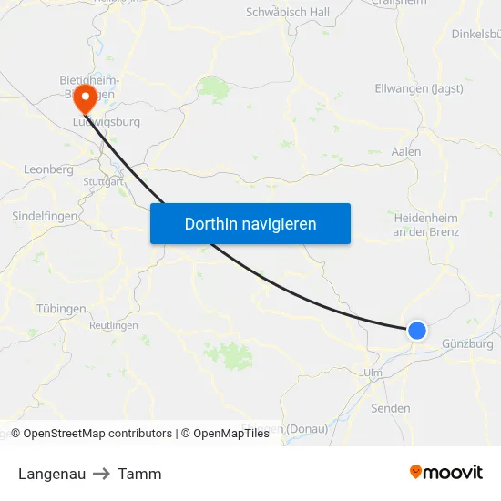 Langenau to Tamm map