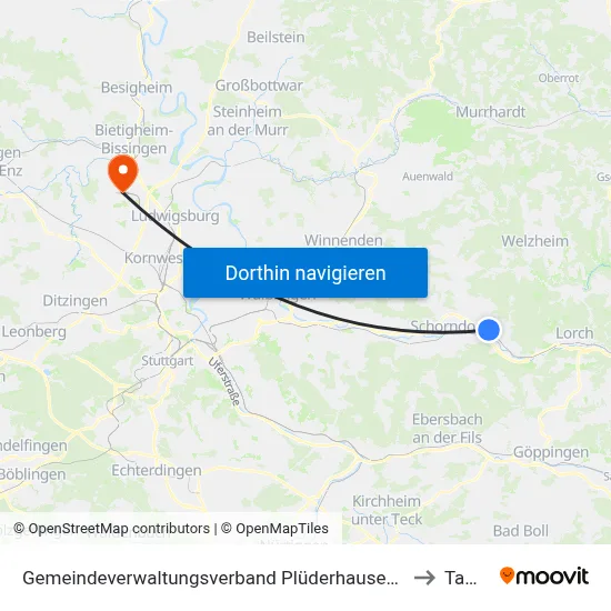 Gemeindeverwaltungsverband Plüderhausen-Urbach to Tamm map