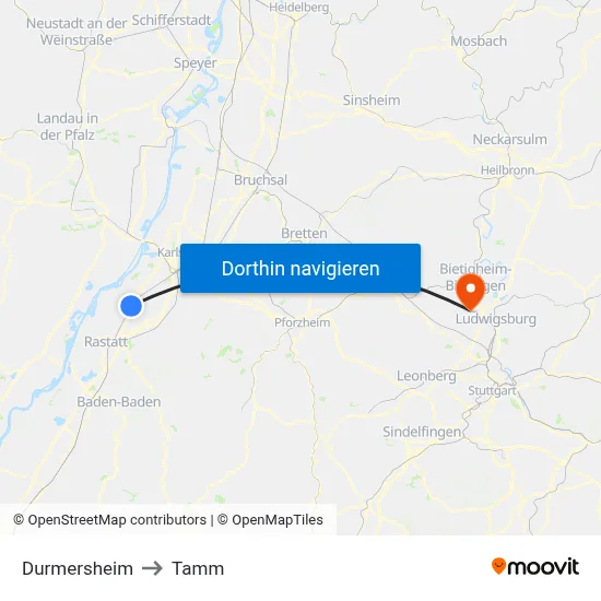 Durmersheim to Tamm map
