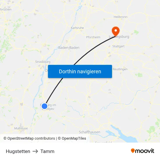Hugstetten to Tamm map