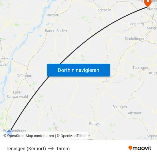 Teningen (Kernort) to Tamm map