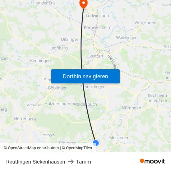 Reutlingen-Sickenhausen to Tamm map