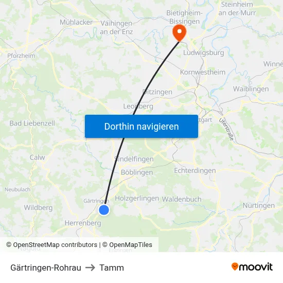 Gärtringen-Rohrau to Tamm map