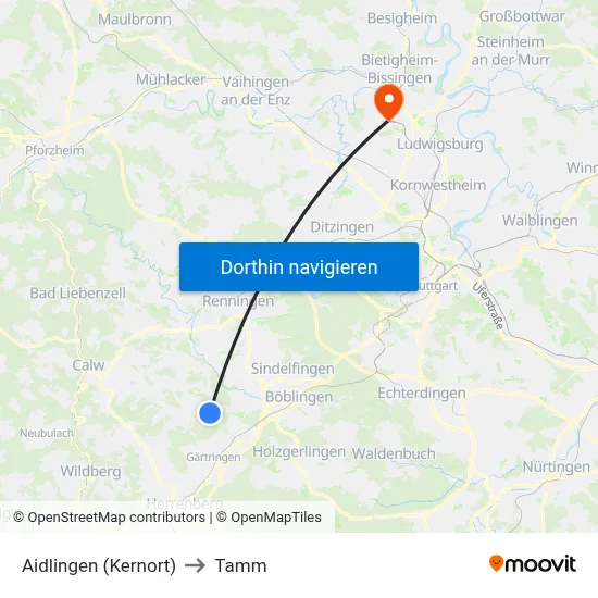 Aidlingen (Kernort) to Tamm map