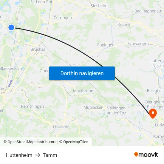 Huttenheim to Tamm map