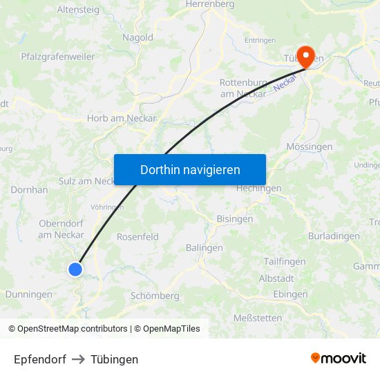 Epfendorf to Tübingen map