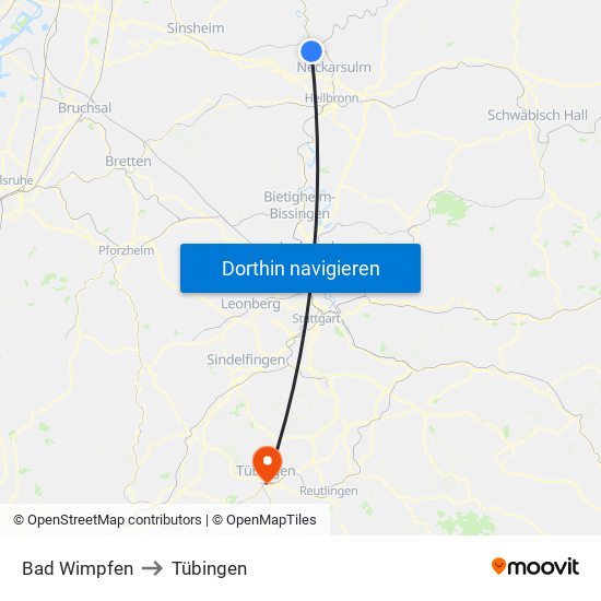 Bad Wimpfen to Tübingen map