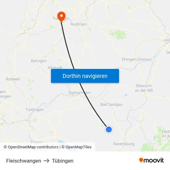 Fleischwangen to Tübingen map