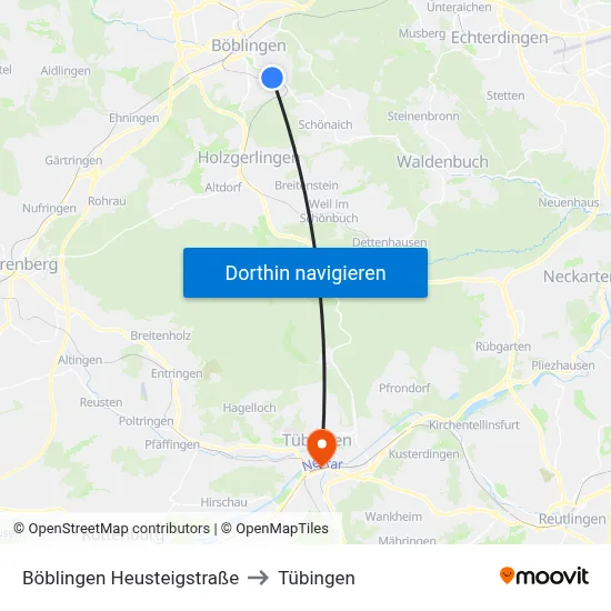Böblingen Heusteigstraße to Tübingen map