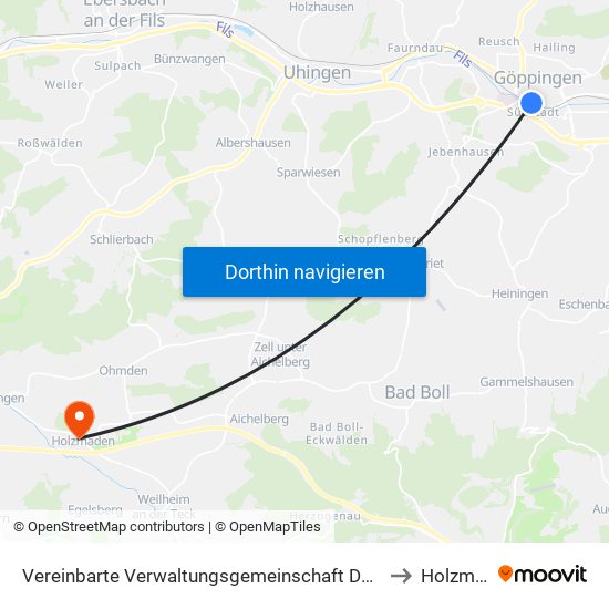 Vereinbarte Verwaltungsgemeinschaft Der Stadt Göppingen to Holzmaden map