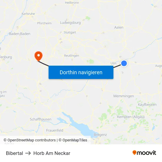 Bibertal to Horb Am Neckar map