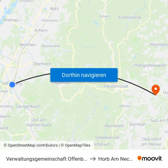Verwaltungsgemeinschaft Offenburg to Horb Am Neckar map