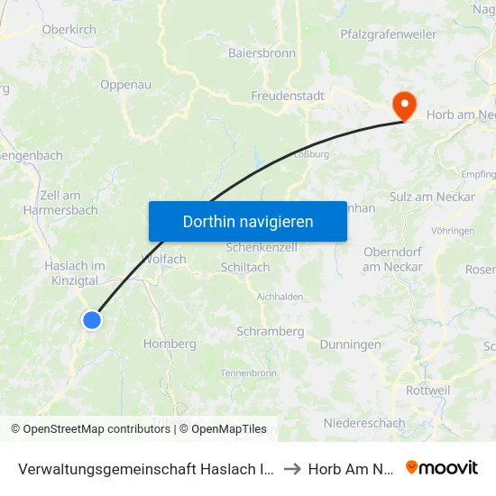 Verwaltungsgemeinschaft Haslach Im Kinzigtal to Horb Am Neckar map