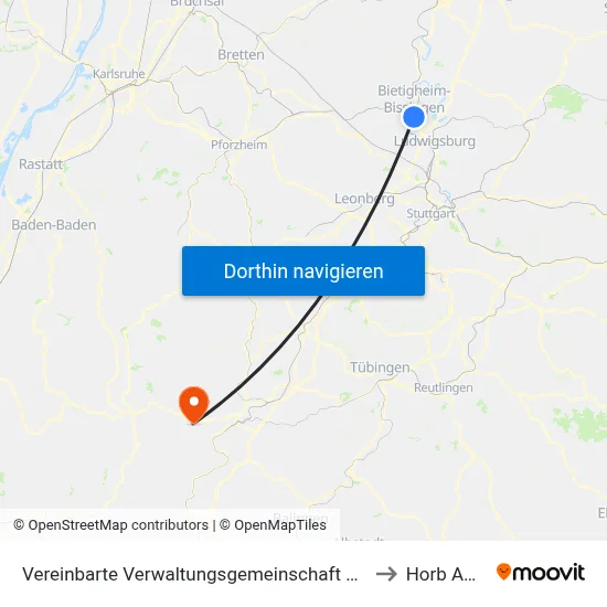 Vereinbarte Verwaltungsgemeinschaft Der Stadt Bietigheim-Bissingen to Horb Am Neckar map
