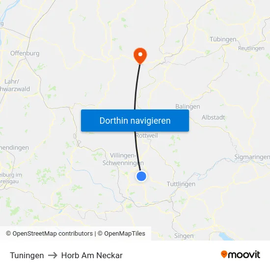 Tuningen to Horb Am Neckar map