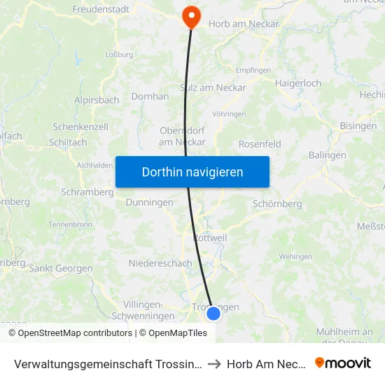 Verwaltungsgemeinschaft Trossingen to Horb Am Neckar map
