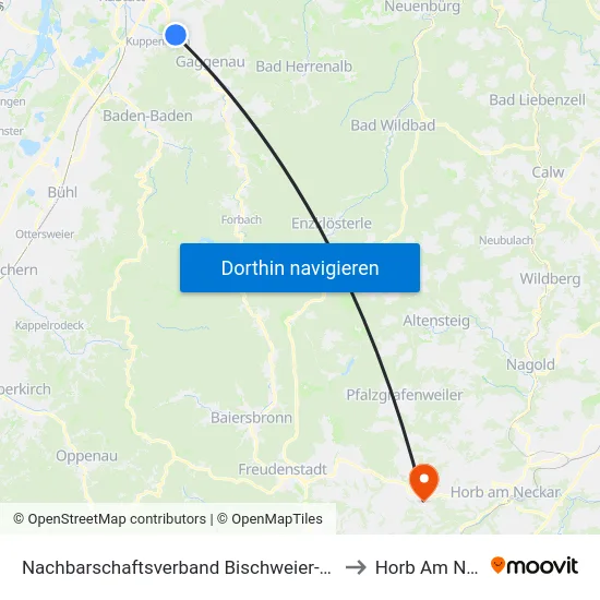 Nachbarschaftsverband Bischweier-Kuppenheim to Horb Am Neckar map