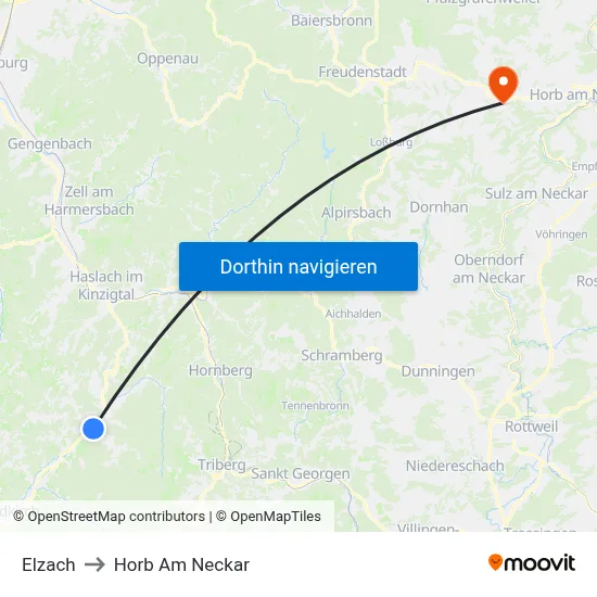 Elzach to Horb Am Neckar map