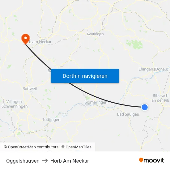 Oggelshausen to Horb Am Neckar map
