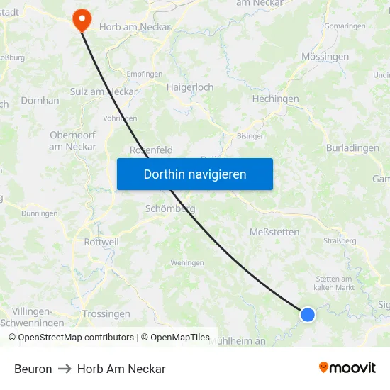 Beuron to Horb Am Neckar map