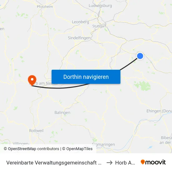 Vereinbarte Verwaltungsgemeinschaft Der Stadt Weilheim An Der Teck to Horb Am Neckar map
