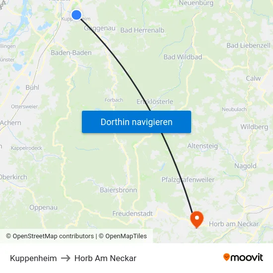 Kuppenheim to Horb Am Neckar map