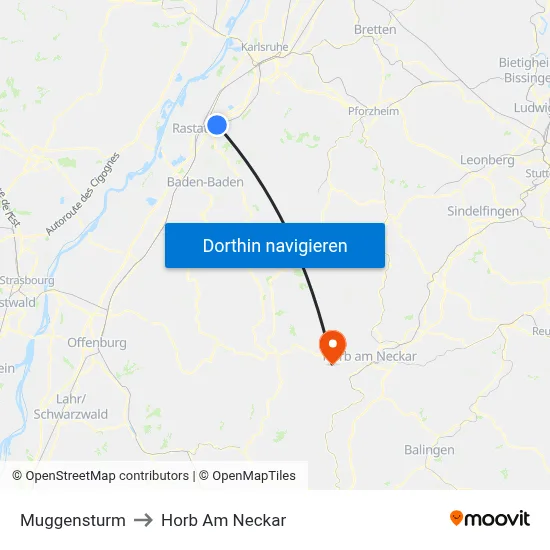 Muggensturm to Horb Am Neckar map