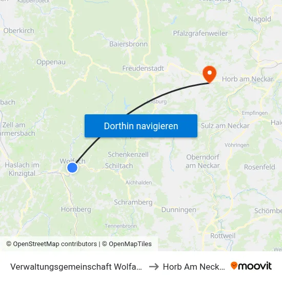 Verwaltungsgemeinschaft Wolfach to Horb Am Neckar map