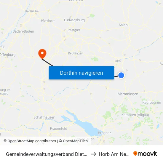 Gemeindeverwaltungsverband Dietenheim to Horb Am Neckar map