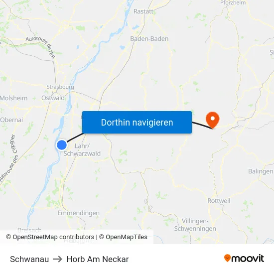 Schwanau to Horb Am Neckar map