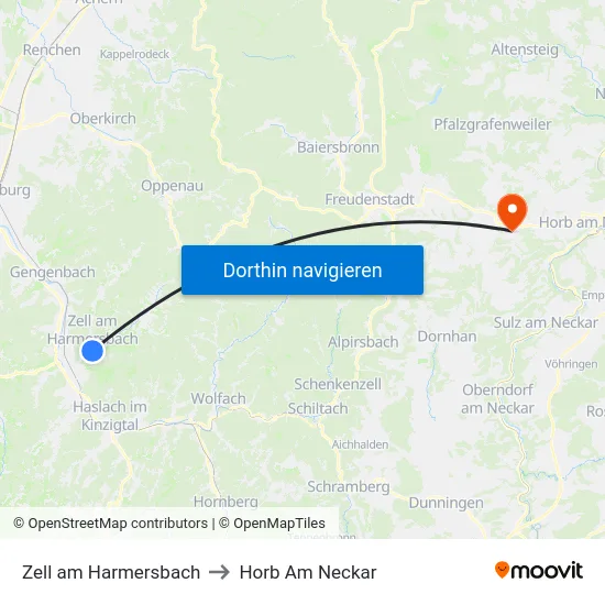 Zell am Harmersbach to Horb Am Neckar map