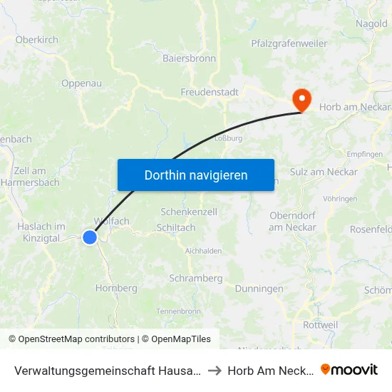 Verwaltungsgemeinschaft Hausach to Horb Am Neckar map