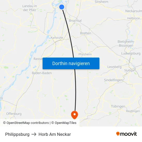 Philippsburg to Horb Am Neckar map