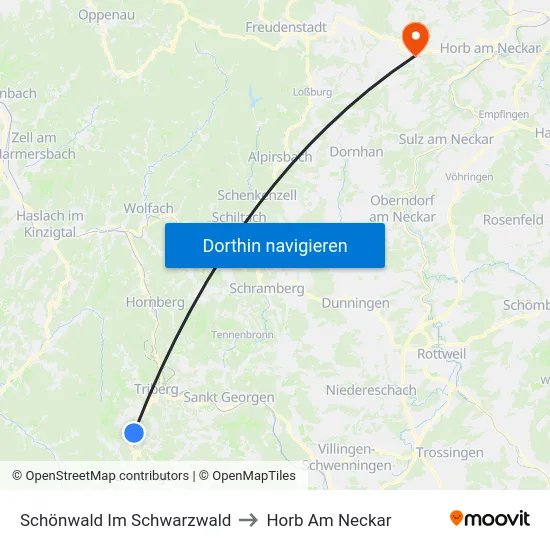 Schönwald Im Schwarzwald to Horb Am Neckar map