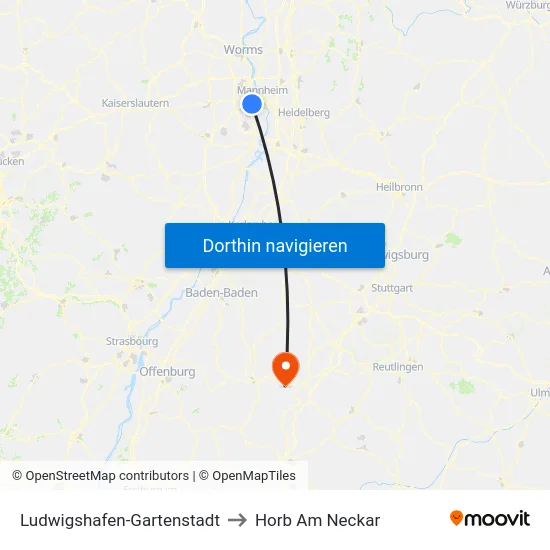 Ludwigshafen-Gartenstadt to Horb Am Neckar map