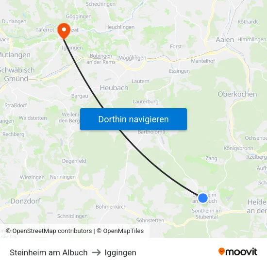 Steinheim am Albuch to Iggingen map