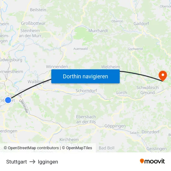 Stuttgart to Iggingen map
