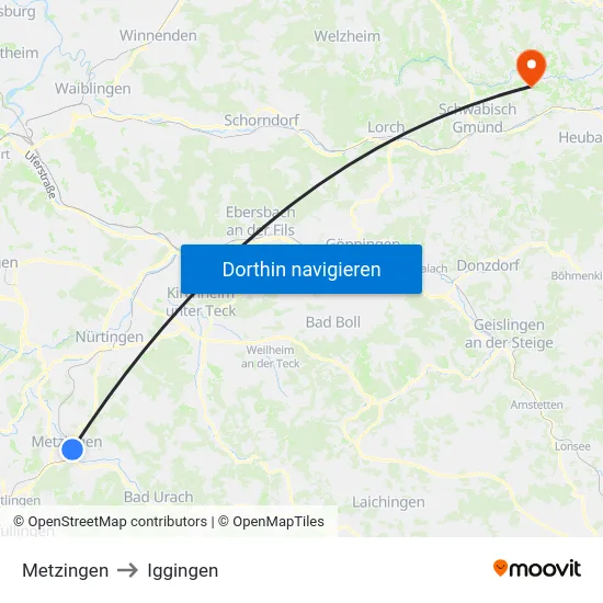 Metzingen to Iggingen map