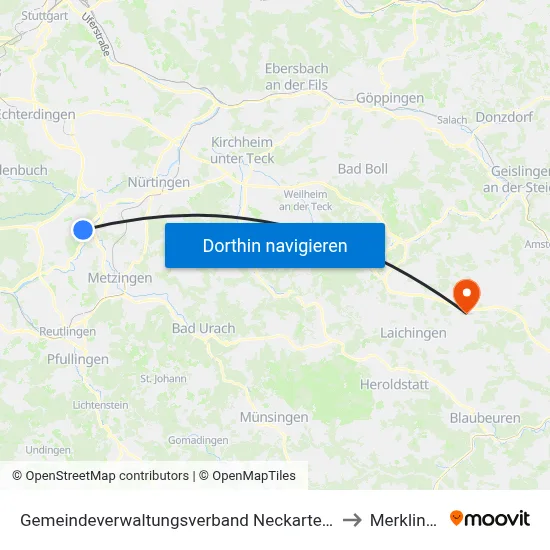 Gemeindeverwaltungsverband Neckartenzlingen to Merklingen map