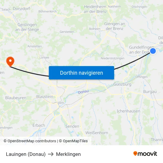 Lauingen (Donau) to Merklingen map