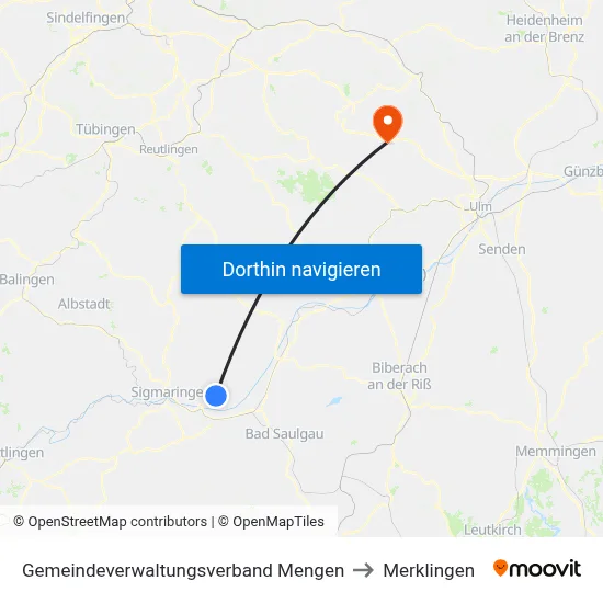 Gemeindeverwaltungsverband Mengen to Merklingen map